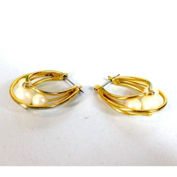 Faux Pearl Triple Wire Hoop Gold Tone Earrings Hinged Closure Pierced Ears - Picture 7 of 9